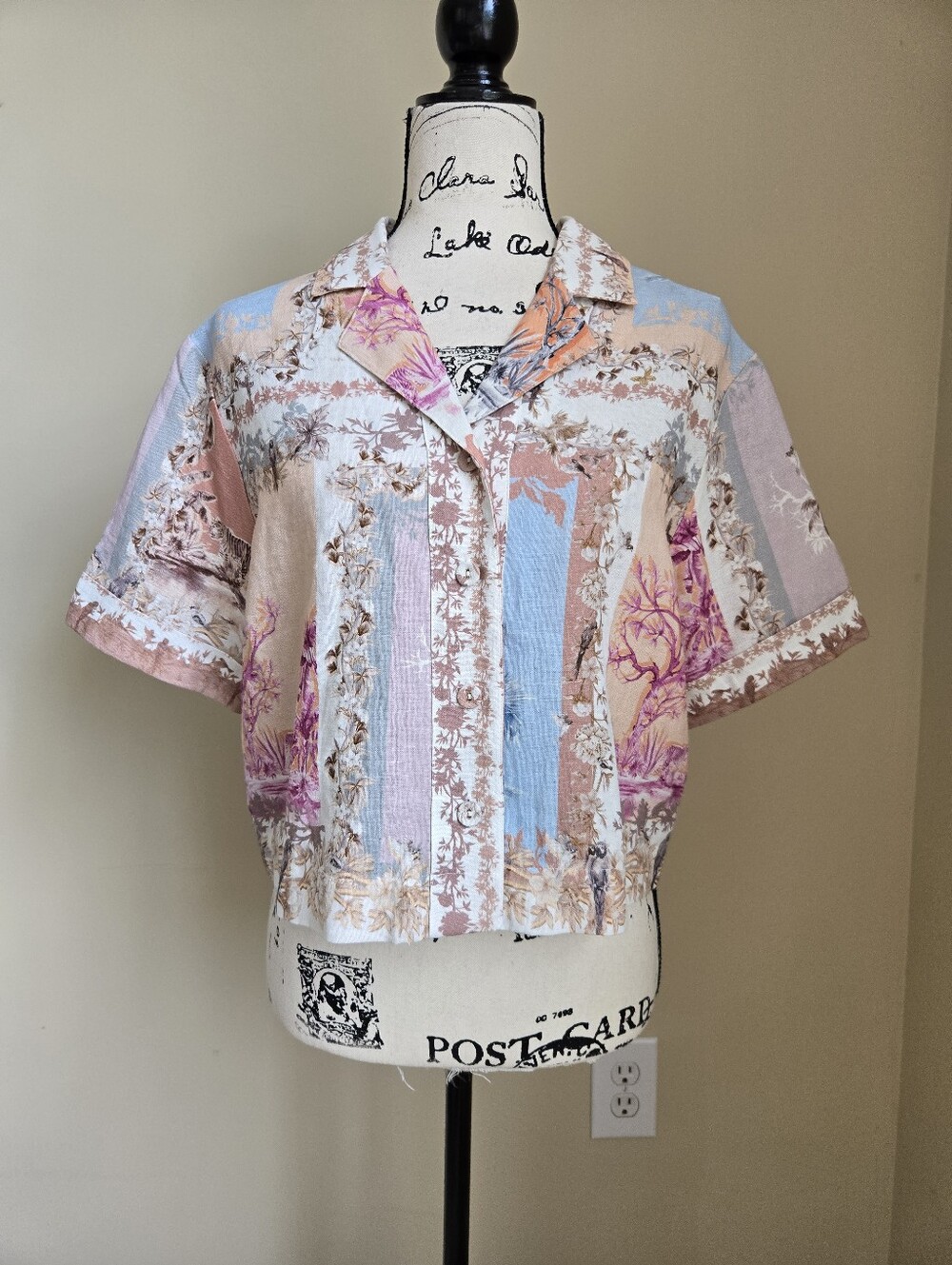 Calypso St. Barth Linen Blend Crop Top Womens M Tropical Print Big Cat